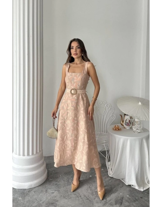 Bej Kuplu Uzun Elbise