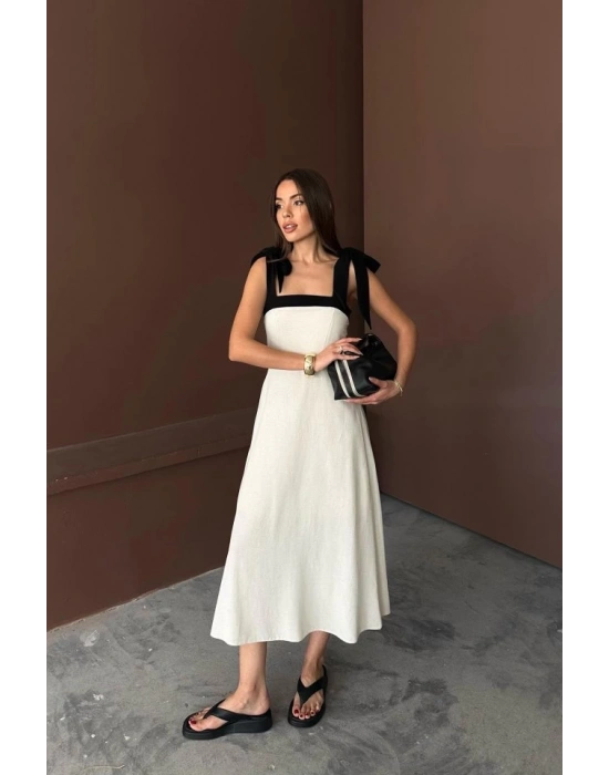 Bej Omuzdan Bağlamalı Keten Elbise