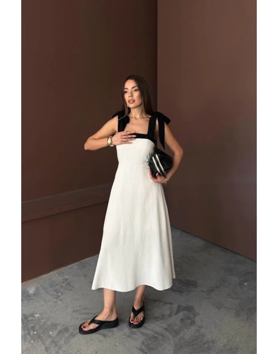 Bej Omuzdan Bağlamalı Keten Elbise