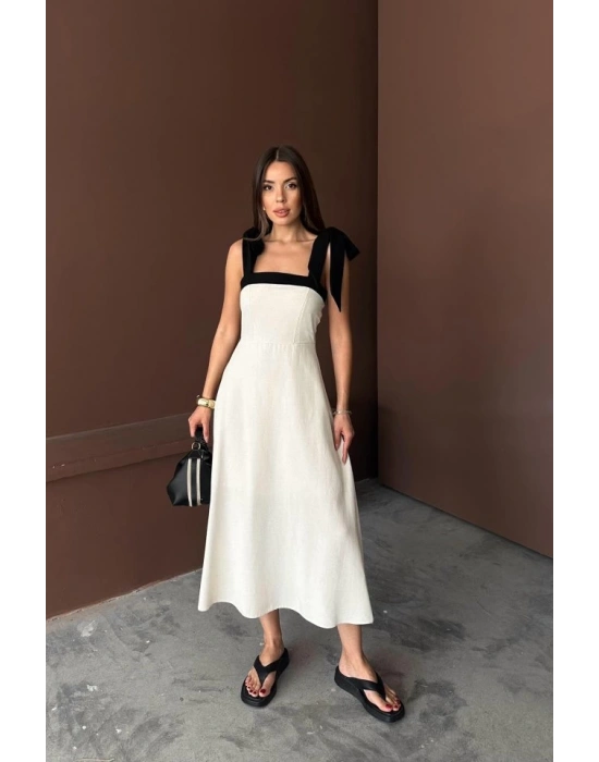 Bej Omuzdan Bağlamalı Keten Elbise