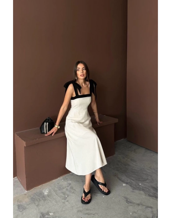 Bej Omuzdan Bağlamalı Keten Elbise