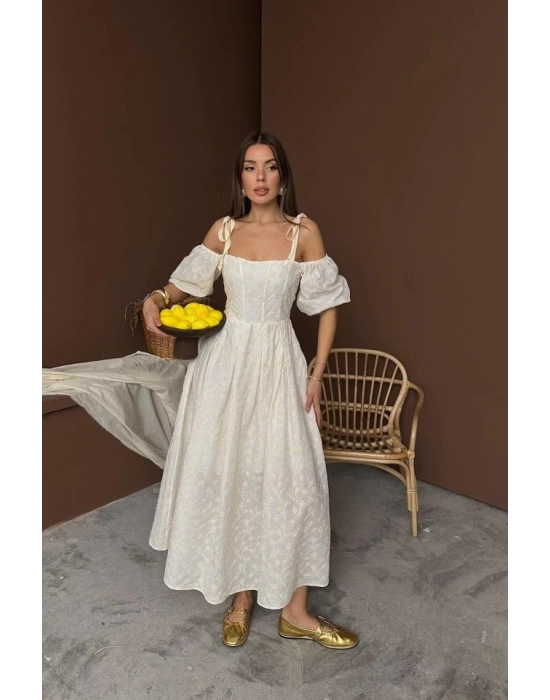 Bej Omuzu Bağcıklı Balon Kollu Brode Elbise