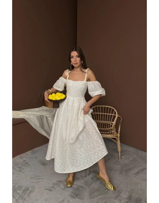 Bej Omuzu Bağcıklı Balon Kollu Brode Elbise