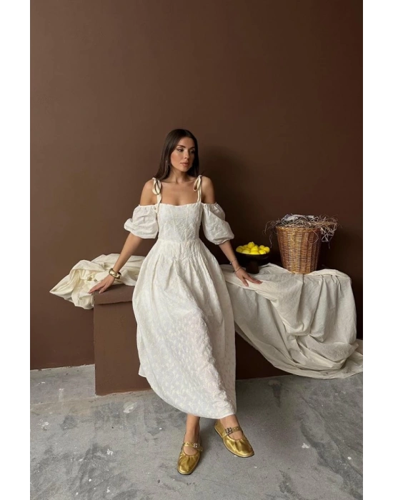 Bej Omuzu Bağcıklı Balon Kollu Brode Elbise