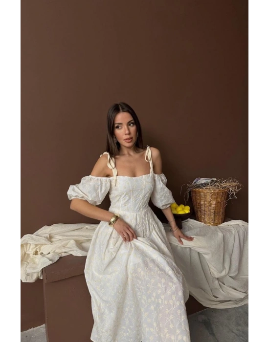 Bej Omuzu Bağcıklı Balon Kollu Brode Elbise