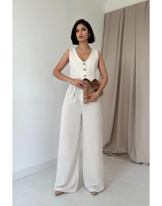 Bej Önü Düğmeli Yelek Ve Pantolon Takım