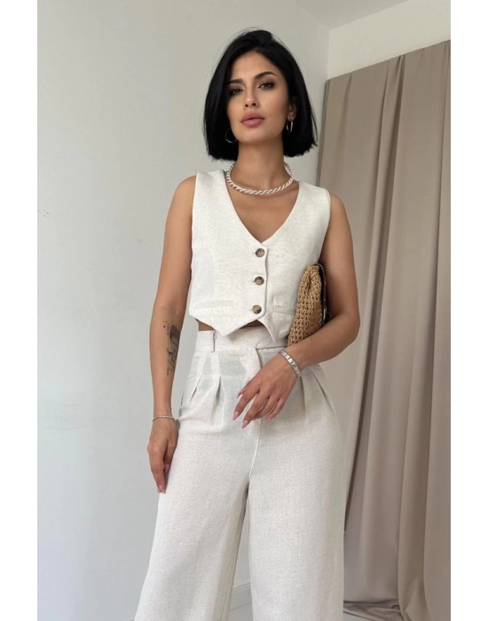 Bej Önü Düğmeli Yelek Ve Pantolon Takım