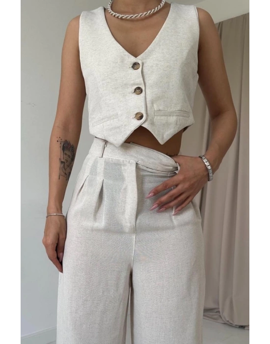 Bej Önü Düğmeli Yelek Ve Pantolon Takım