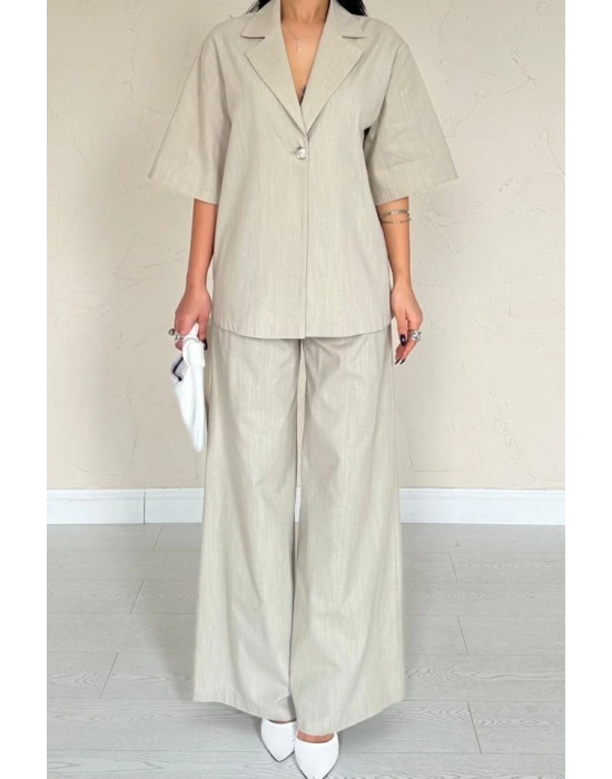 Bej Önü Tek Düğmeli Ceket Pantolon Takım