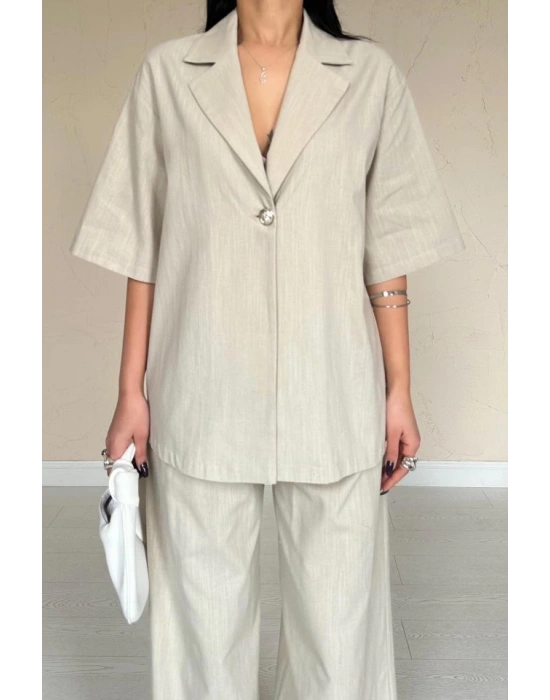 Bej Önü Tek Düğmeli Ceket Pantolon Takım