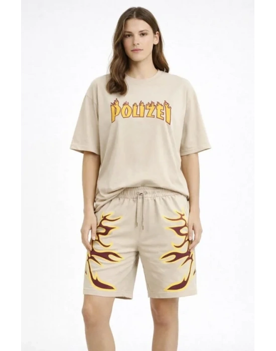 Bej Oversize Baskılı Tişört Şort Takım Cepli Şort Yazlık Rahat Günlük Kombin  Bej