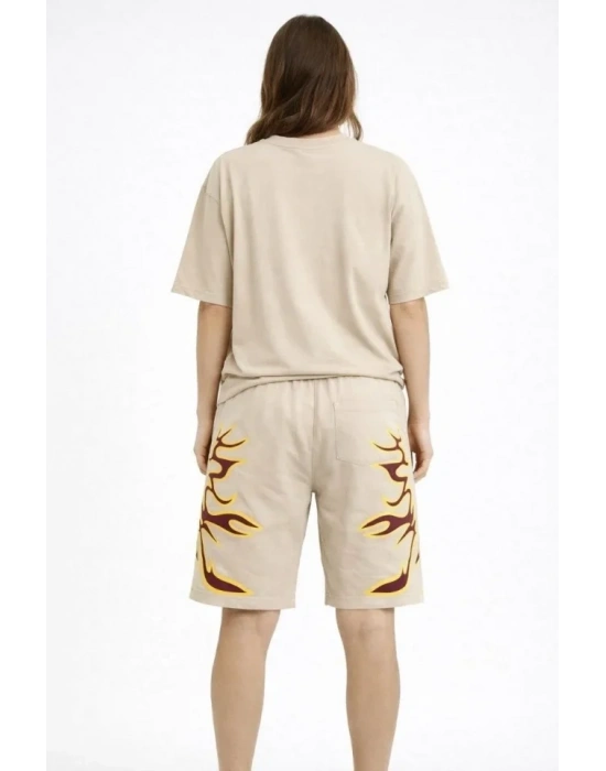 Bej Oversize Baskılı Tişört Şort Takım Cepli Şort Yazlık Rahat Günlük Kombin  Bej