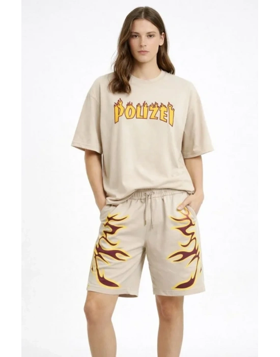 Bej Oversize Baskılı Tişört Şort Takım Cepli Şort Yazlık Rahat Günlük Kombin  Bej