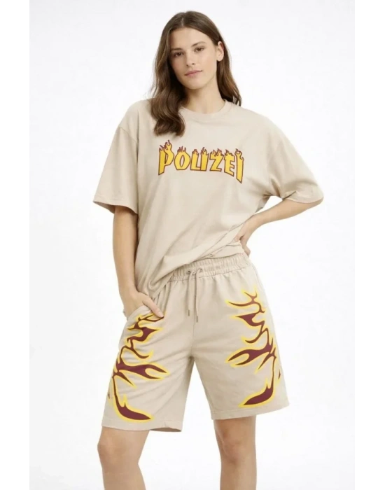 Bej Oversize Baskılı Tişört Şort Takım Cepli Şort Yazlık Rahat Günlük Kombin  Bej