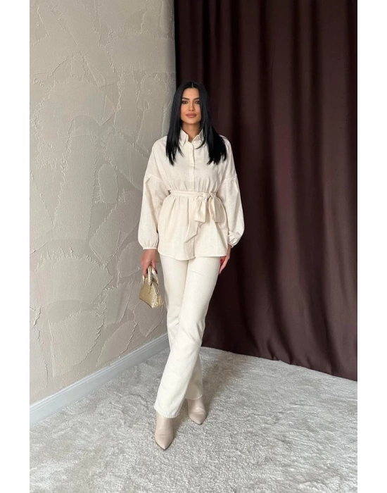 Bej Petek Jakar Kumaşlı Gömlek