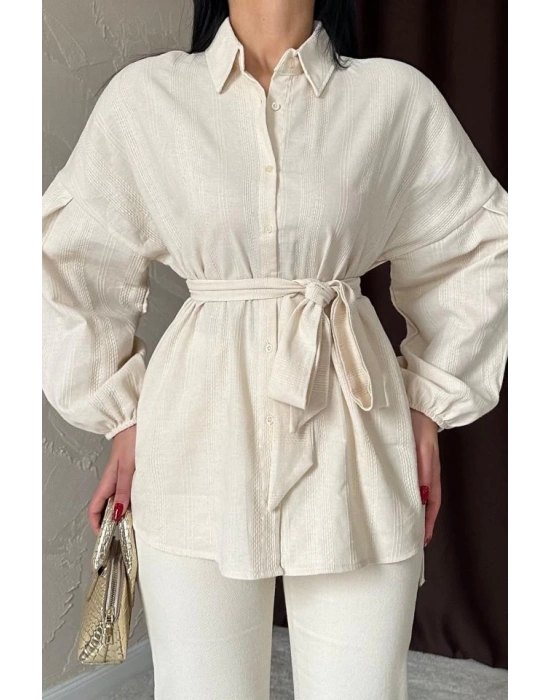 Bej Petek Jakar Kumaşlı Gömlek