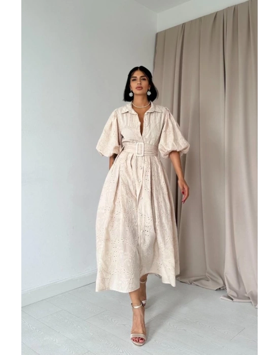 Bej Pileli Balkon Elbise