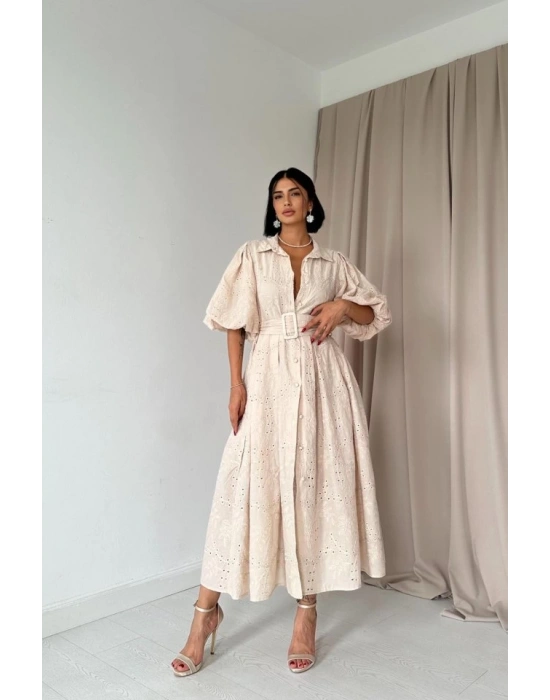 Bej Pileli Balkon Elbise