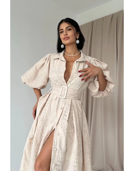 Bej Pileli Balkon Elbise