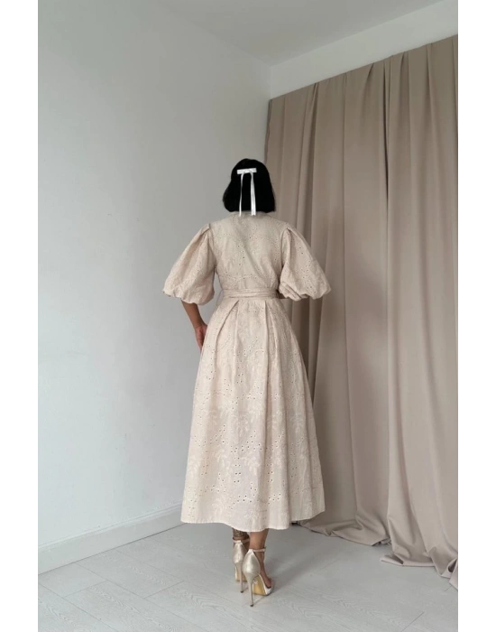 Bej Pileli Balkon Elbise