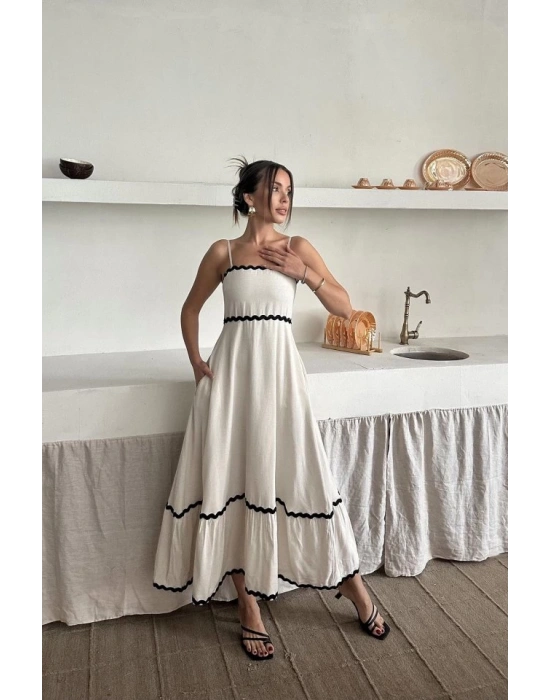 Bej Şerit Detay Keten Elbise