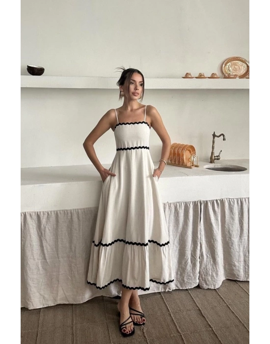 Bej Şerit Detay Keten Elbise