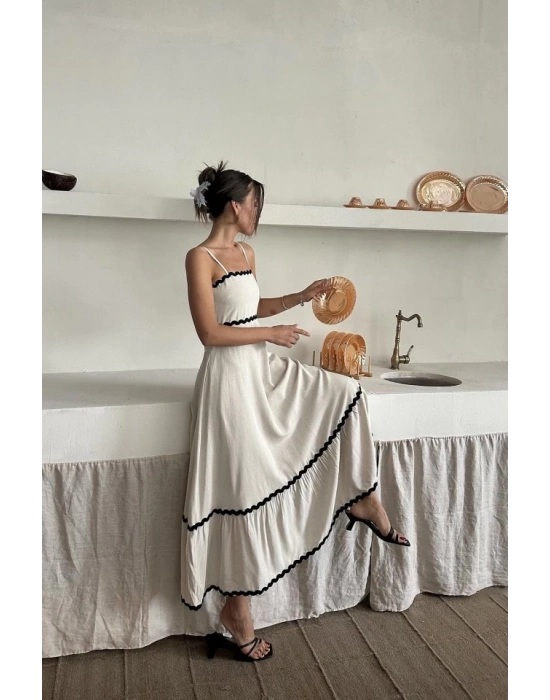 Bej Şerit Detay Keten Elbise