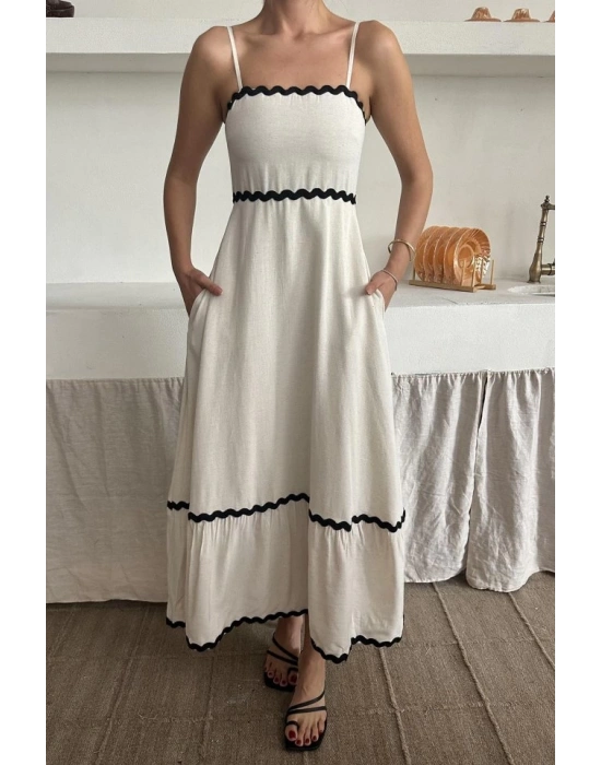 Bej Şerit Detay Keten Elbise