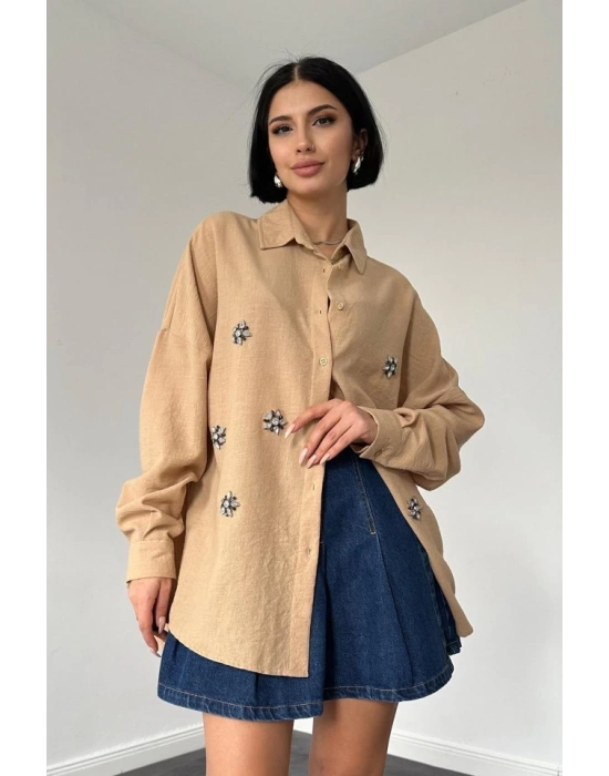 Bej Taş İşlemeli Gömlek