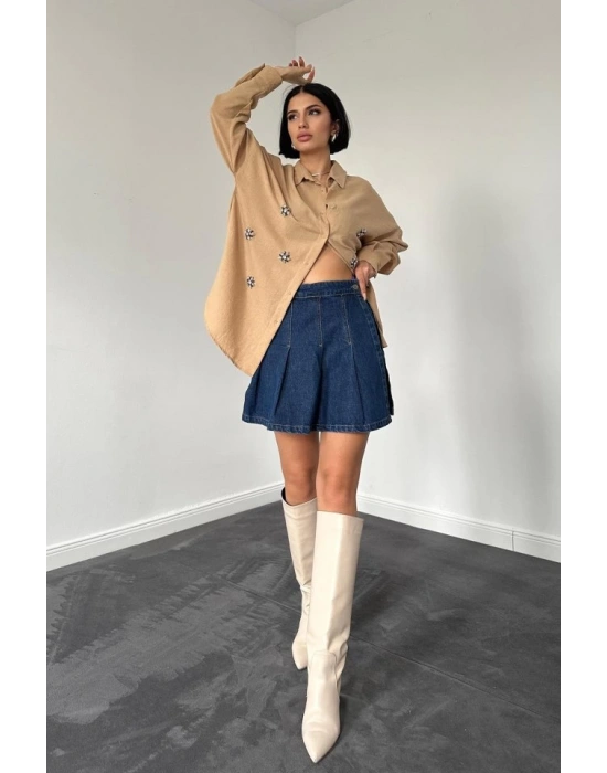 Bej Taş İşlemeli Gömlek