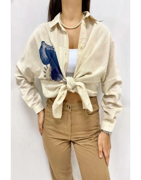 Bej Taş İşlemeli Keten Gömlek