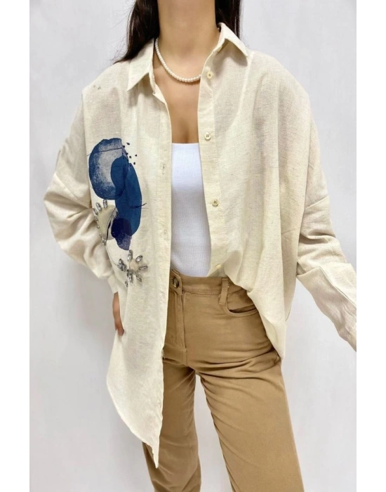 Bej Taş İşlemeli Keten Gömlek