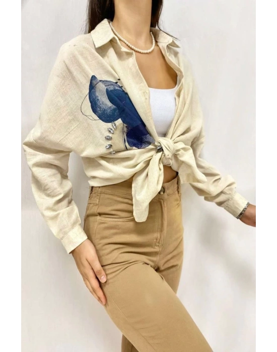 Bej Taş İşlemeli Keten Gömlek