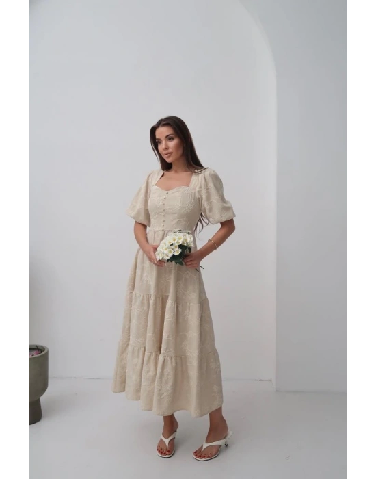 Bej üs Düğmeli Balon Kollu Elbise