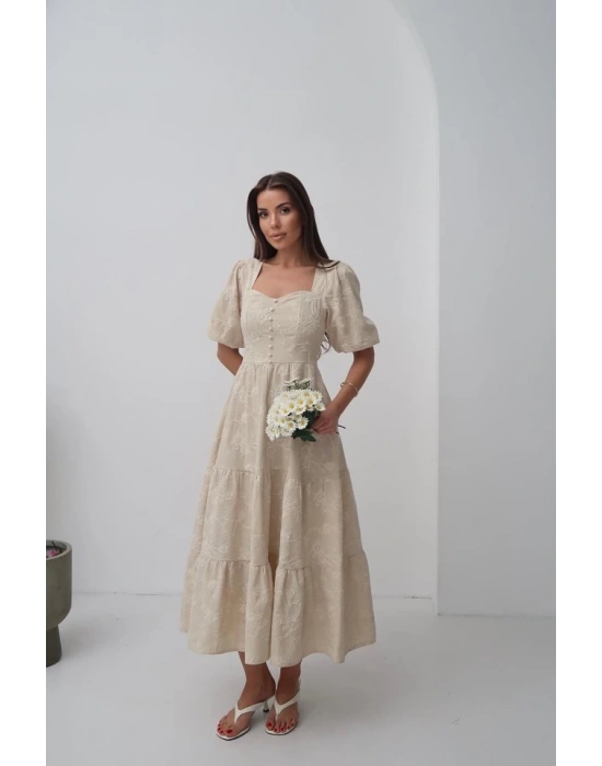 Bej üs Düğmeli Balon Kollu Elbise