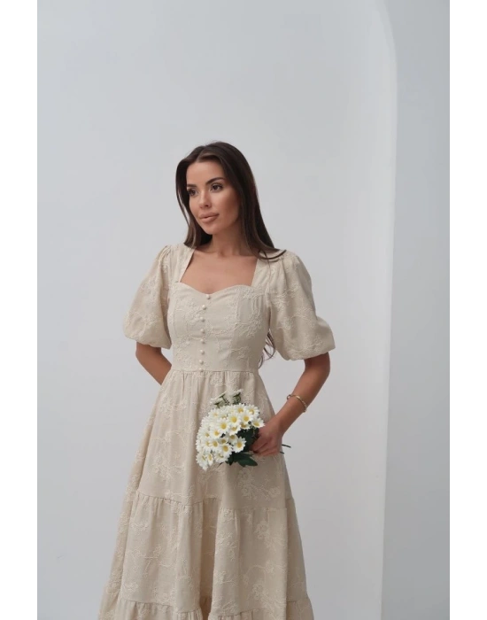 Bej üs Düğmeli Balon Kollu Elbise