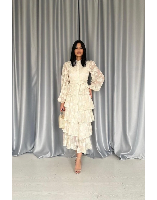 Bej Valonlu Şeritli Kat Kat Elbise