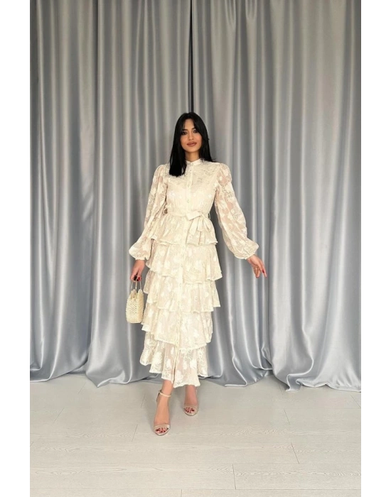 Bej Valonlu Şeritli Kat Kat Elbise