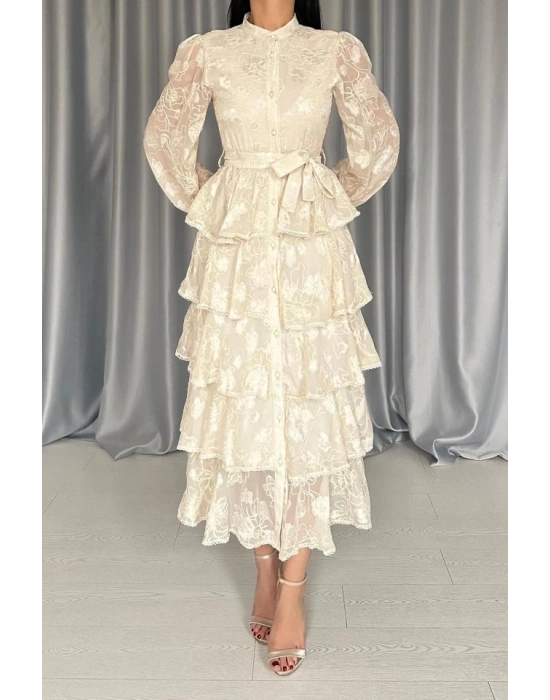 Bej Valonlu Şeritli Kat Kat Elbise