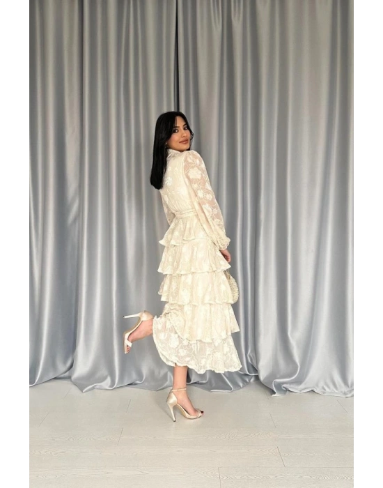 Bej Valonlu Şeritli Kat Kat Elbise