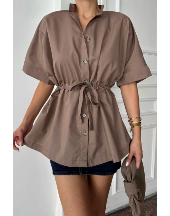 BEL BÜZGÜ DETAYLI POPLİN GÖMLEK  Kahverengi