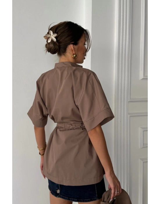 BEL BÜZGÜ DETAYLI POPLİN GÖMLEK  Kahverengi