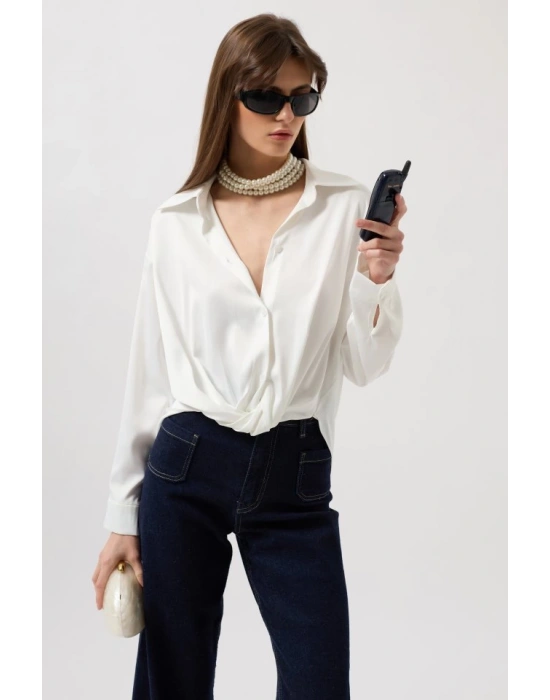 Bel Büzgülü Crop Saten Gömlek