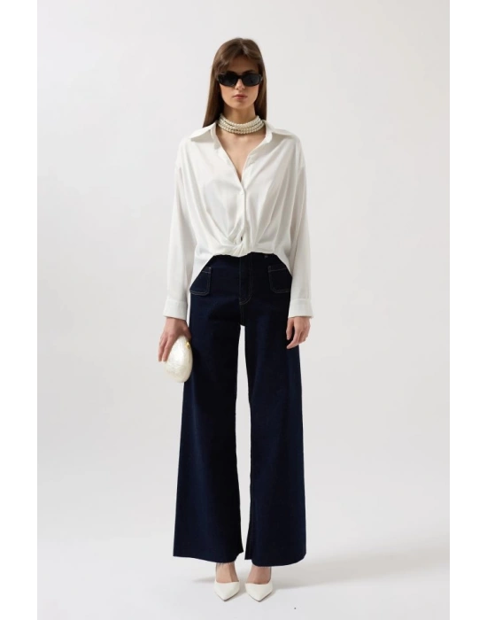 Bel Büzgülü Crop Saten Gömlek