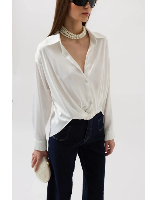 Bel Büzgülü Crop Saten Gömlek