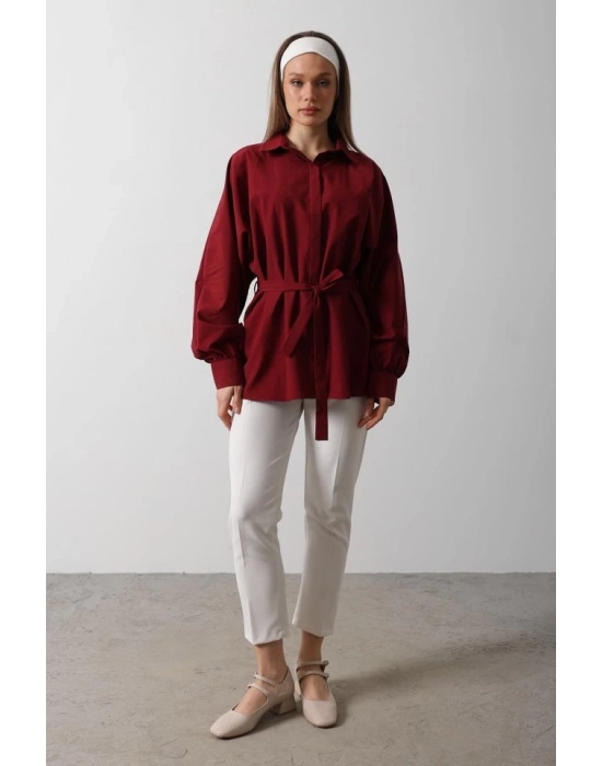 Bel Detaylı Gömlek  Bordo