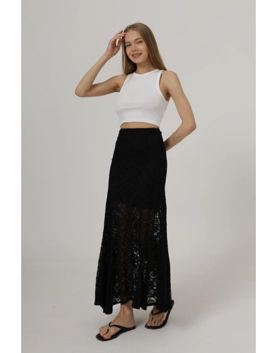 Bel Lastikli Dantel Etek  Siyah
