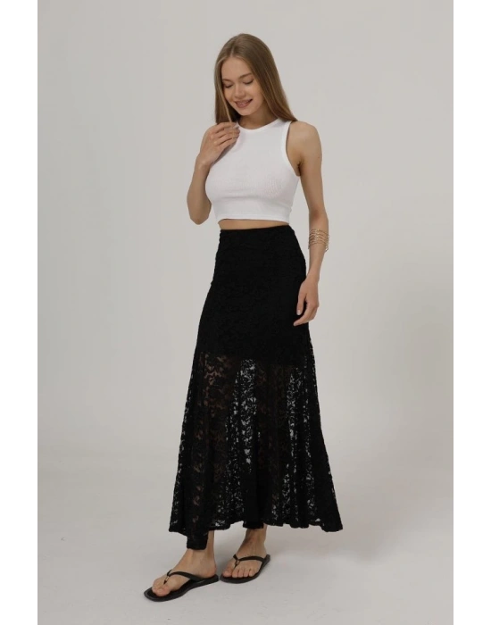Bel Lastikli Dantel Etek  Siyah