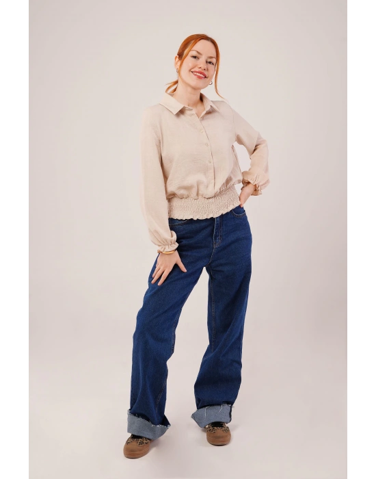 Bel Ve Bilek astikli Bej Bluz