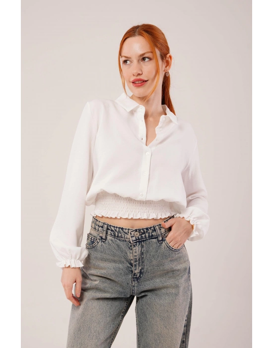 Bel Ve Bilek astikli Beyaz Bluz